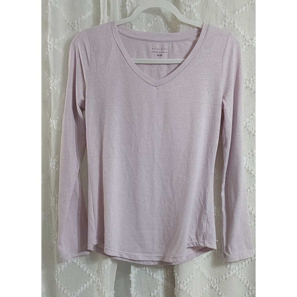 Attention Womens Lavender Pink Metallic Shimmer V-Neck Long Sleeve Top Size M